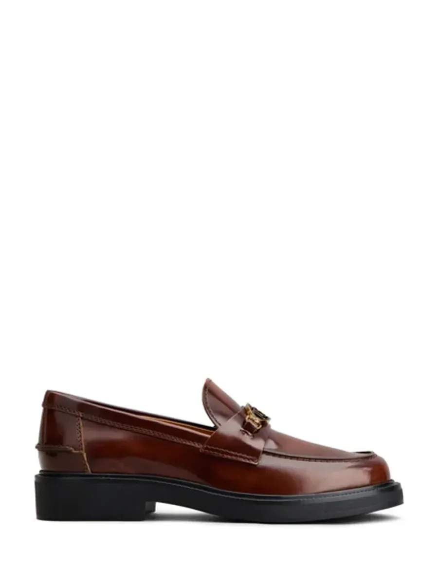 Logo Plaque Leather Loafers Brown