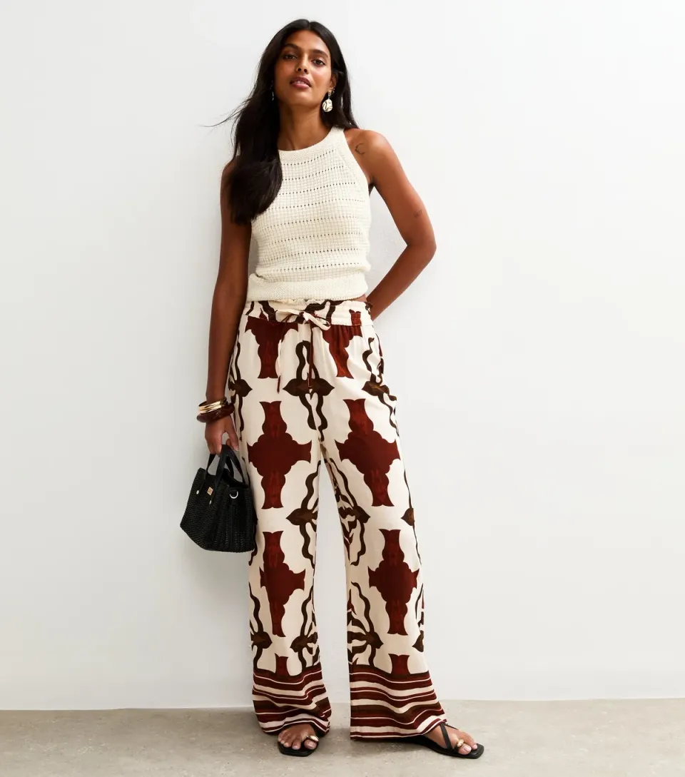Women's Brown Abstract Print Wide Leg Trousers