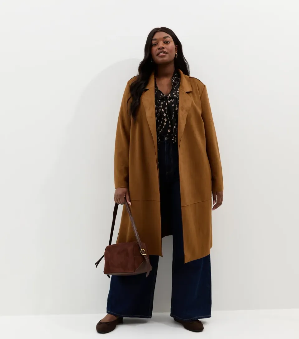 Women's Plus Size Tan Faux Suede Wrap Coat Curves