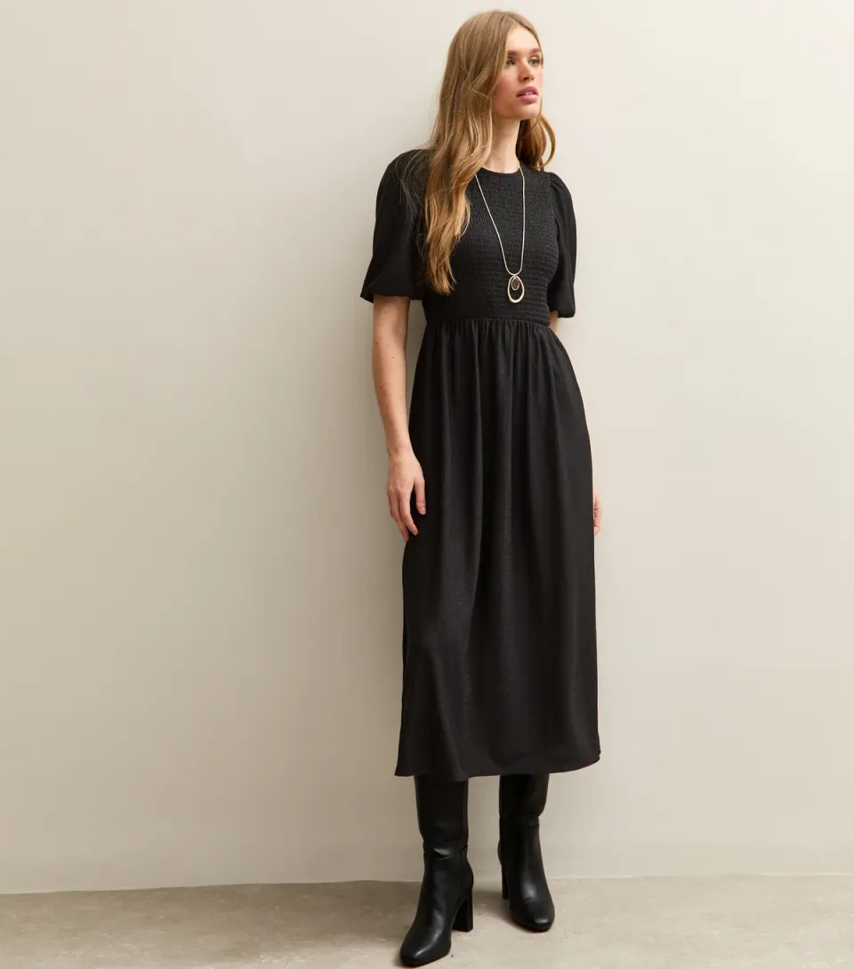 Women's Khaki Textured Jersey Puff Sleeve Smock Midi Dress