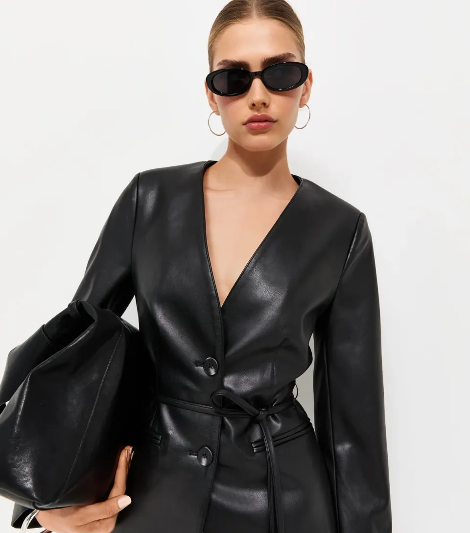 Women's Black Faux Leather Collarless Tie Waist Blazer
