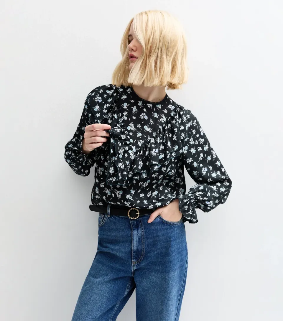 Women's Blue Floral Print Frill Yoke Blouse