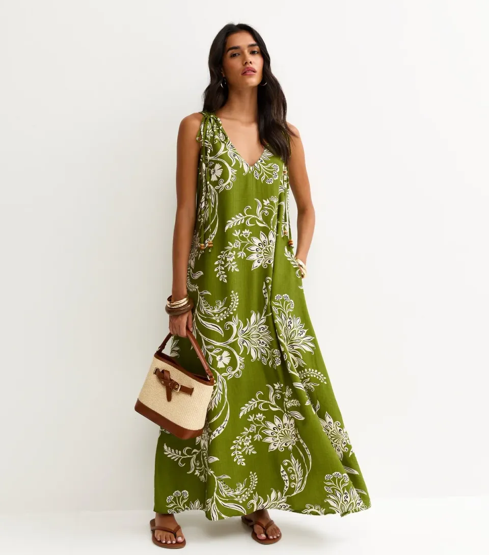 Women's Green Floral Beaded V Neck Midi Dress