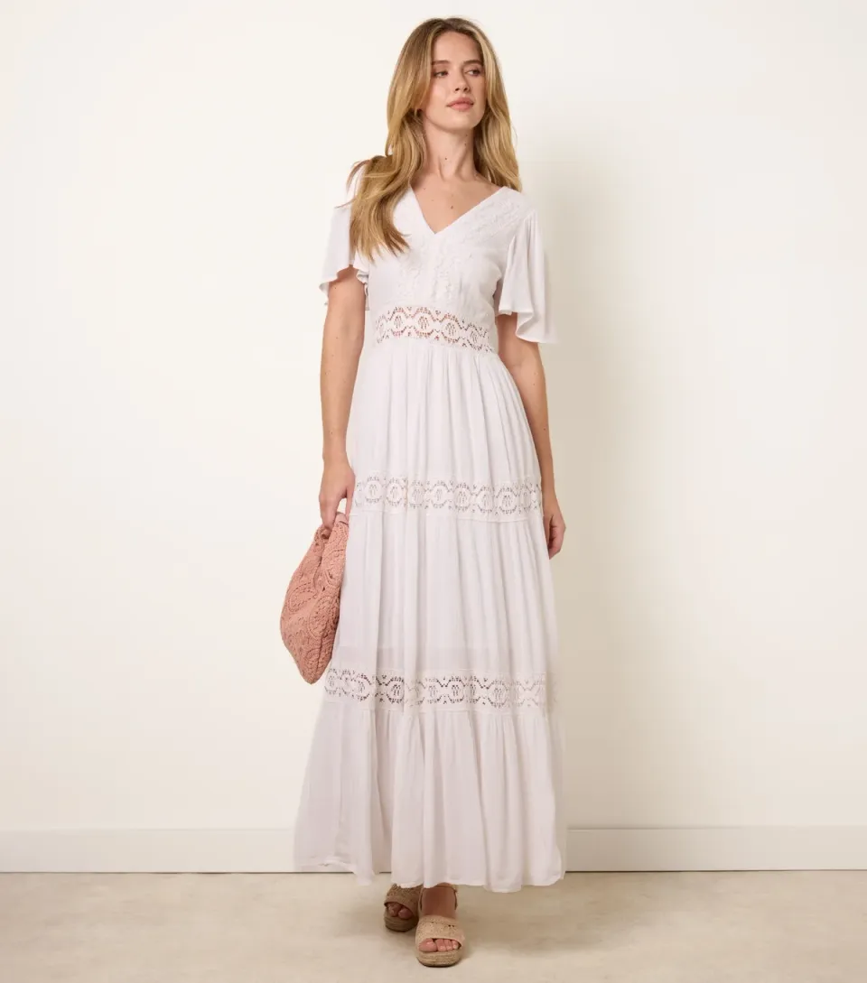 Women's Off White V-Neck Tiered Crochet Trim Midi Dress