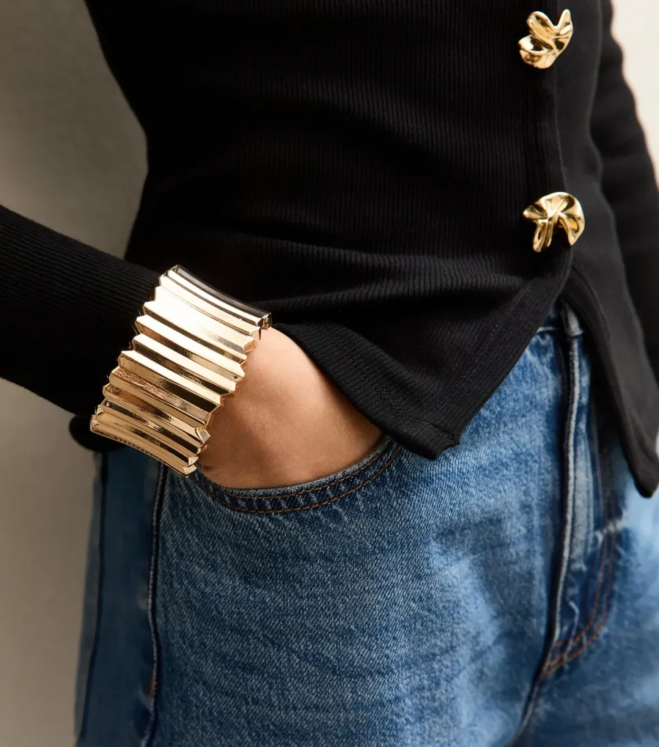 Gold Tone Wide Long Metal Stretch Bracelet