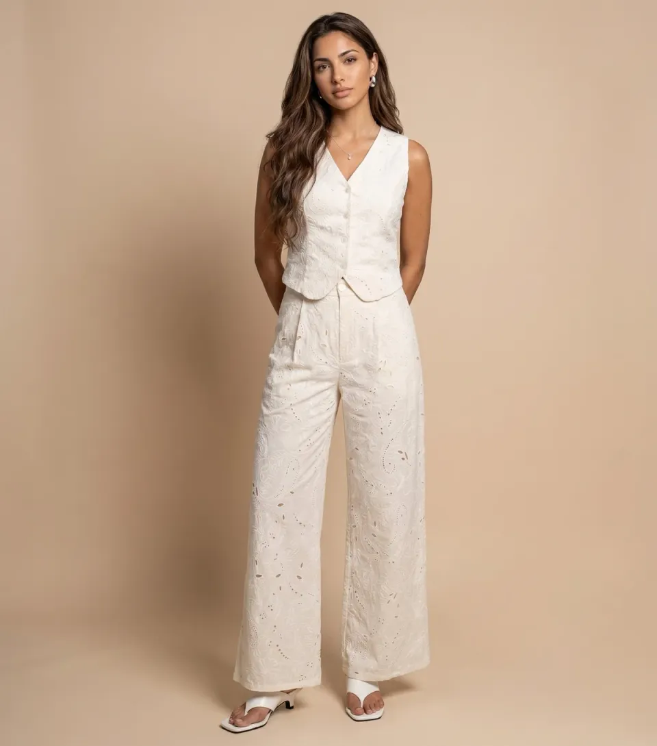 Women's Cream Cotton Embroidered Waistcoat