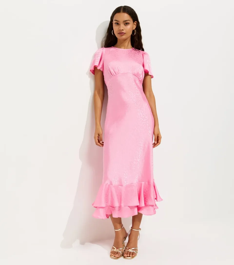 Women's Petite Light Pink Feather Jacquard Satin Midi Dress