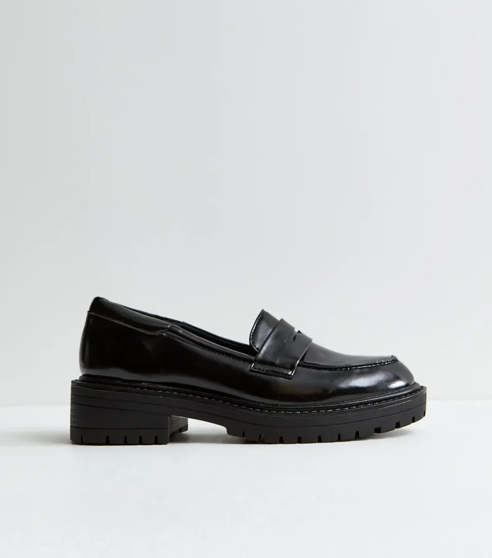 Women's Black Shiny Faux Leather Chunky Loafers Vegan
