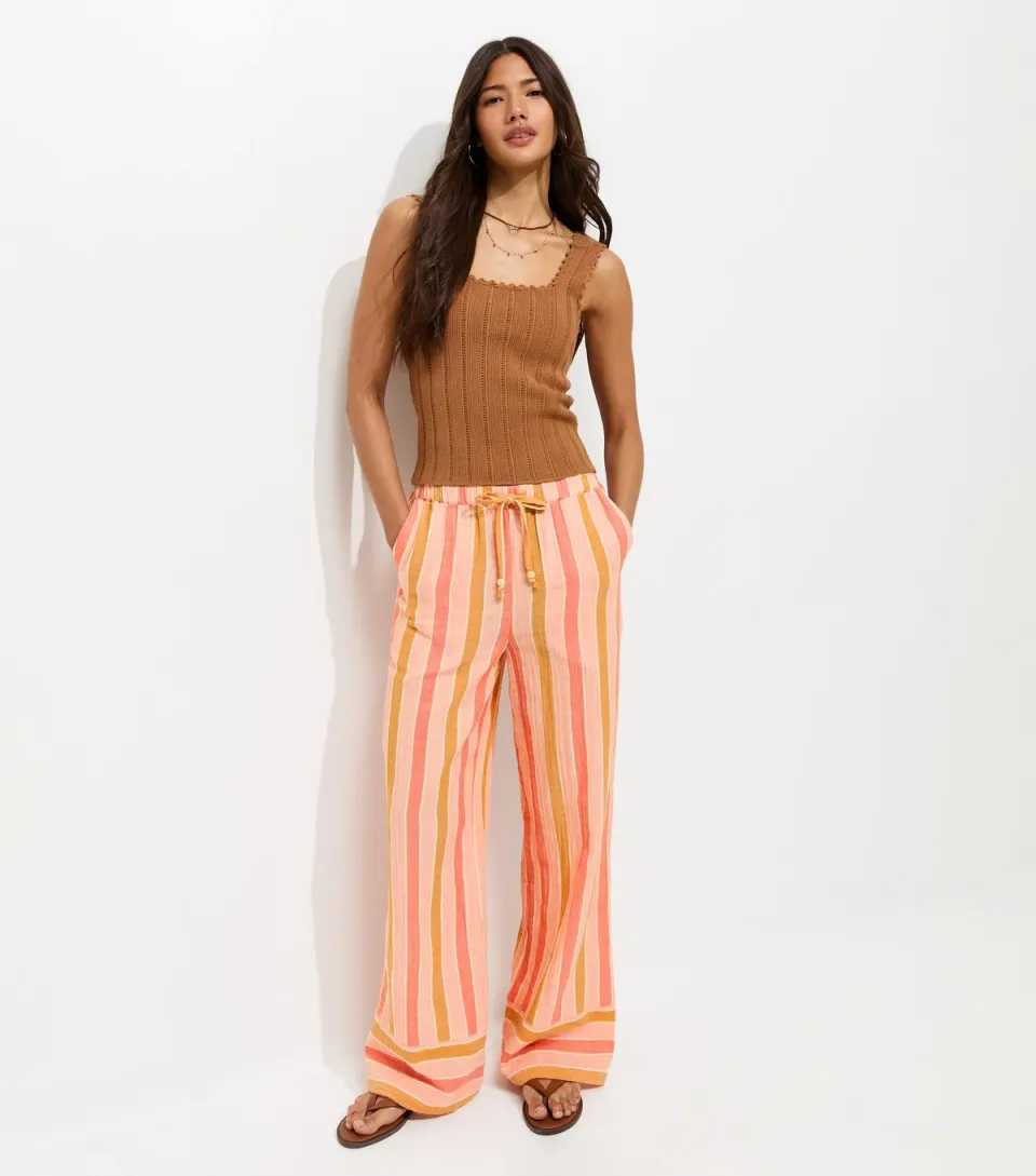 Women's Pink Cotton Striped Wide Leg Trousers