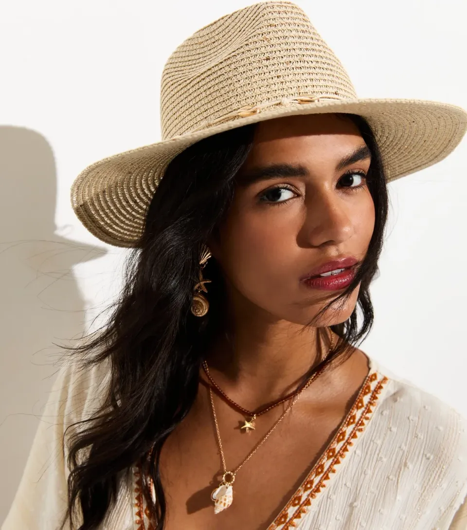 Stone Sequin Embellished Straw Fedora Hat