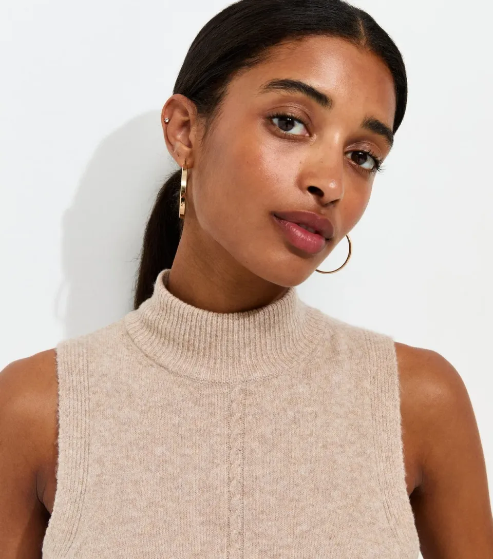 Women's Oatmeal Knitted High Neck Tabard Vest