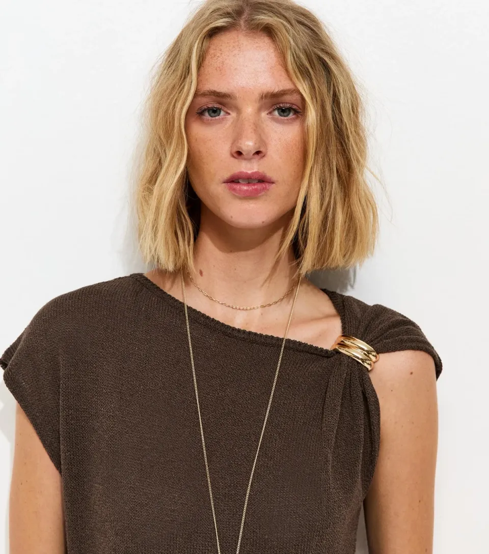 Women's Brown Embellished Shoulder Top