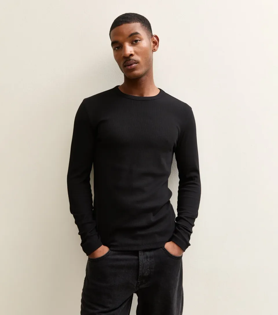 Men's Black Regular Long Sleeve Rib T-Shirt