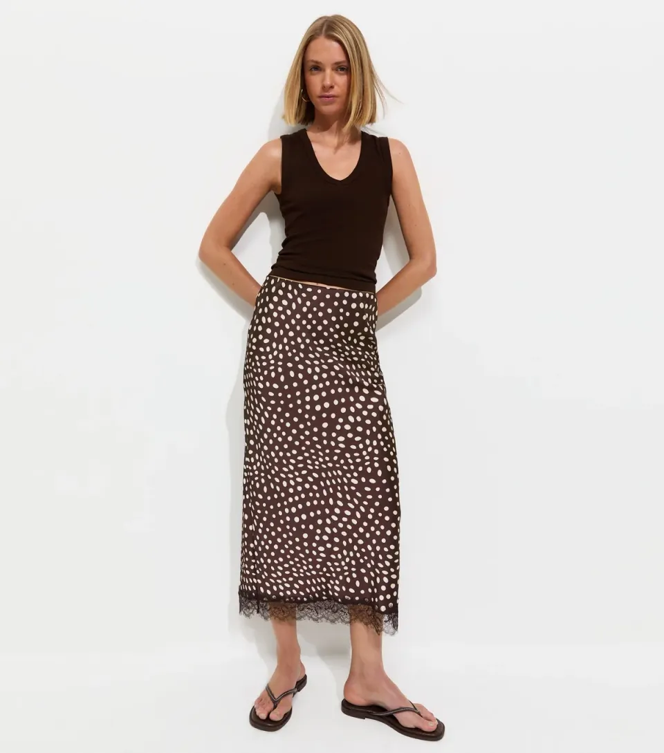 Women's Brown Satin Spotty Lace Trim Midi Skirt
