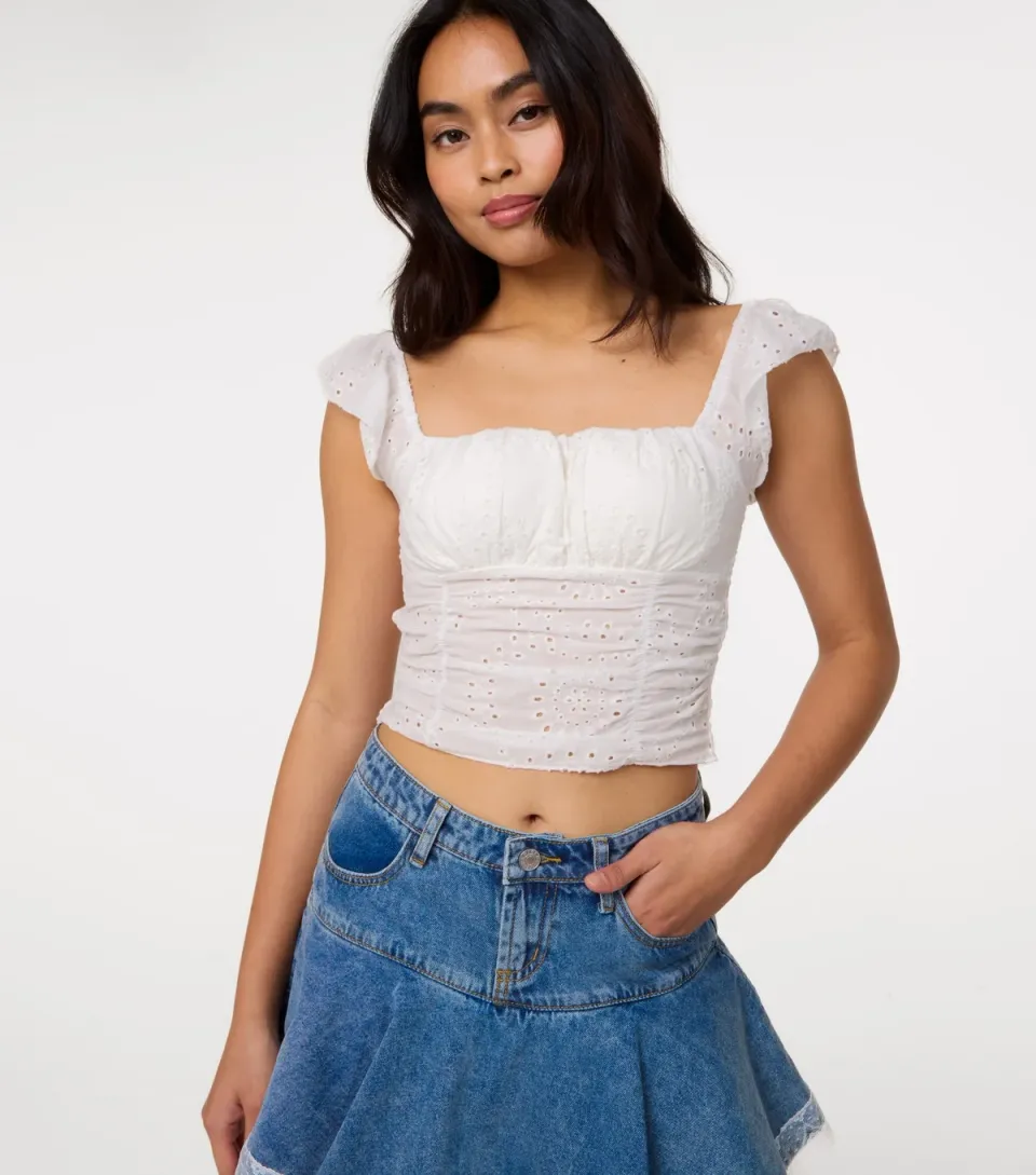 Women's White Broderie Frill Sleeve Top