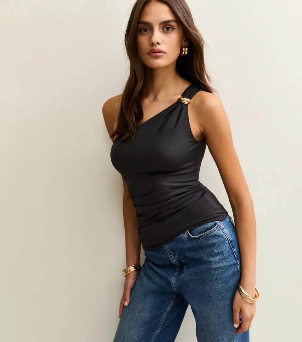 Women's Black Gold Ring Ruched One Shoulder Top