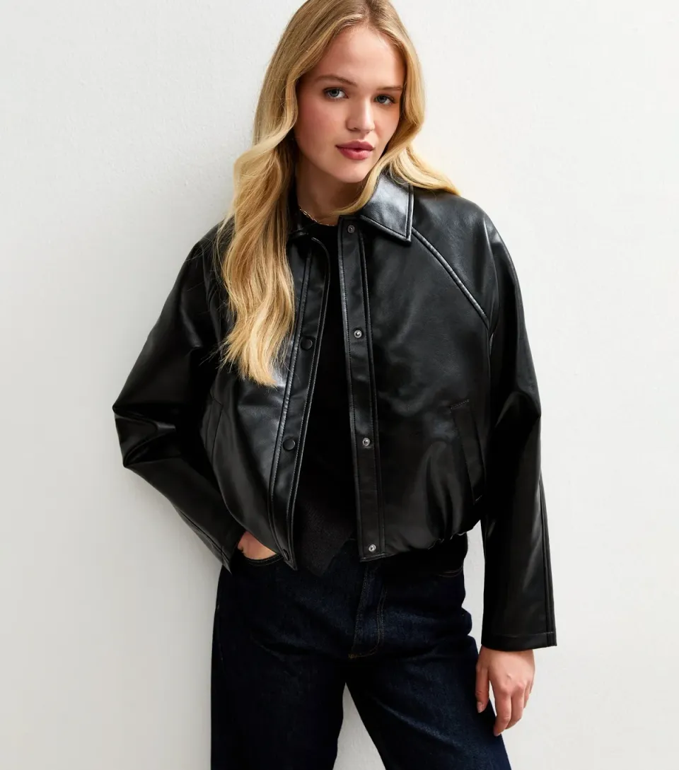 Women's Black Bubble Hem Faux Leather Jacket