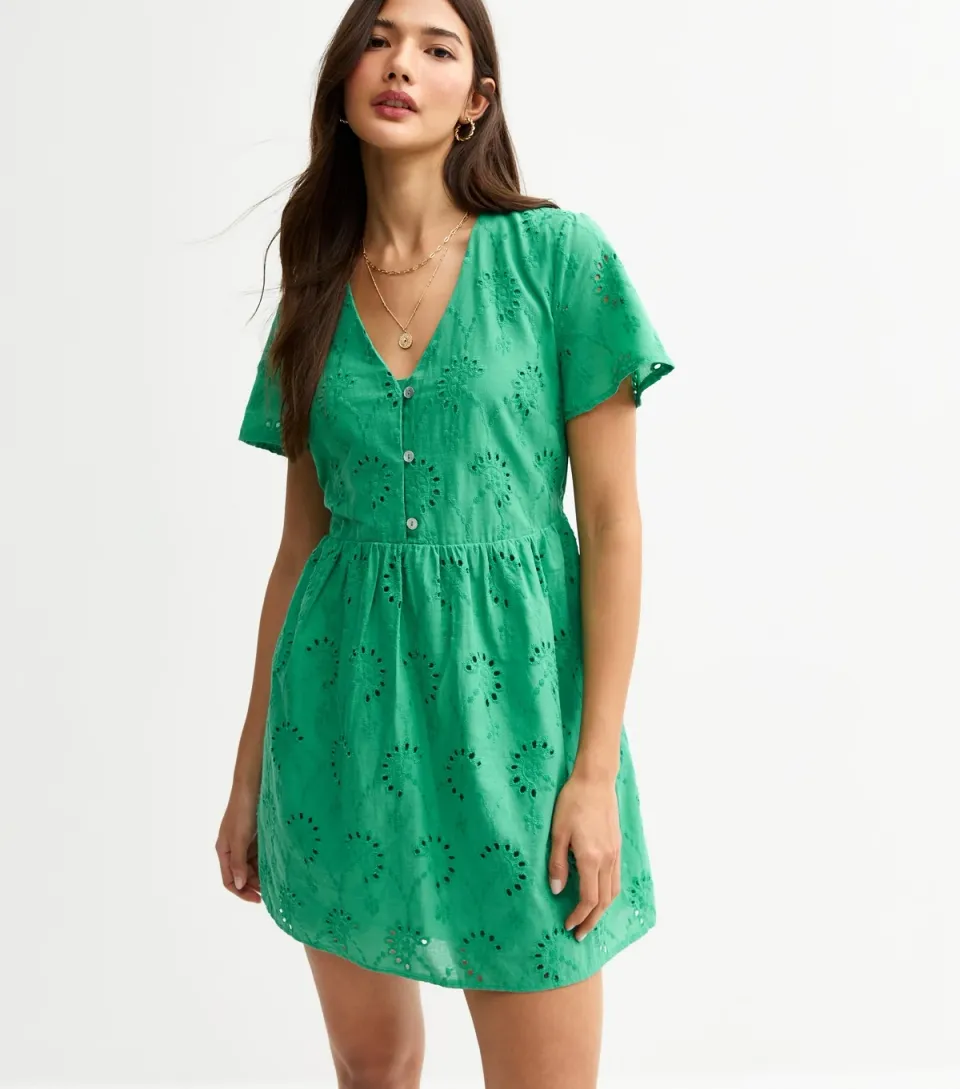 Women's White Broderie Anglaise V Neck Mini Dress