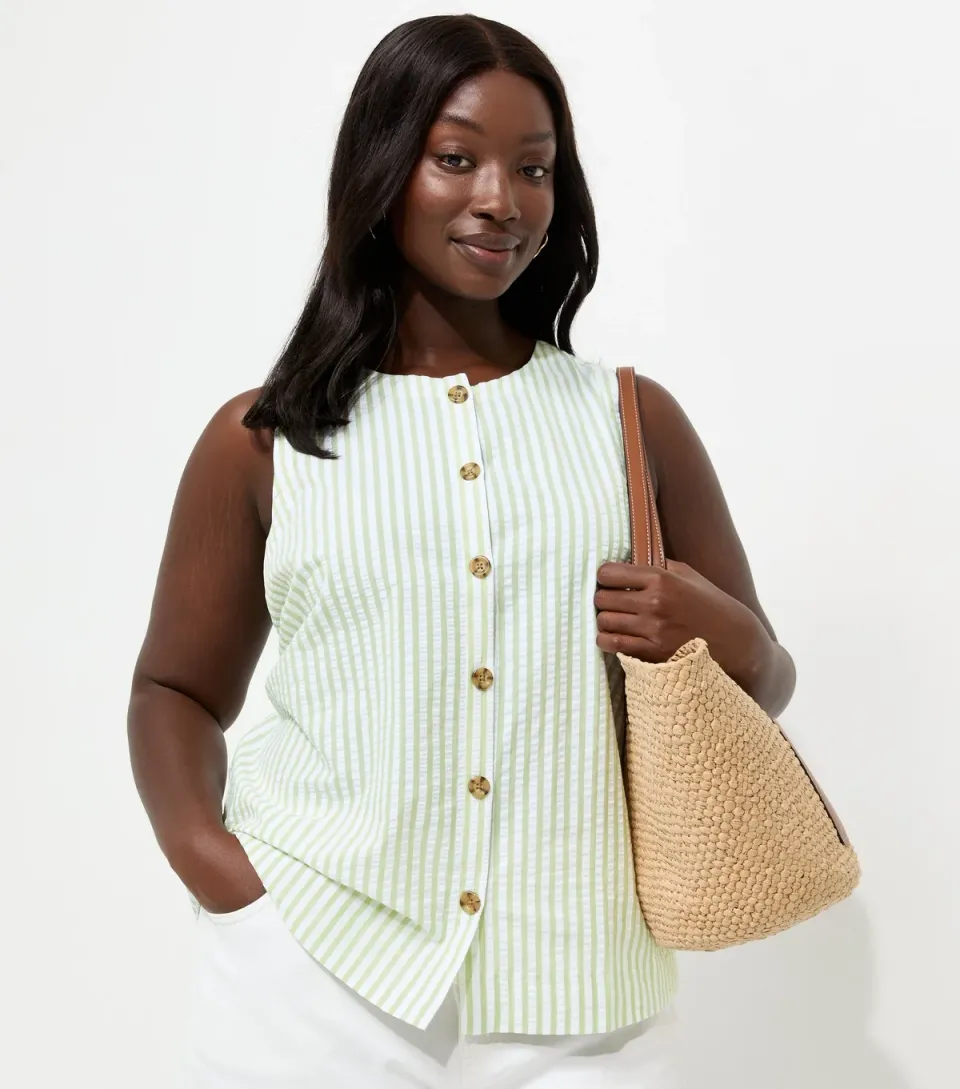 Women's Plus Size Green Cotton Stripe Button Through Waistcoat Curves