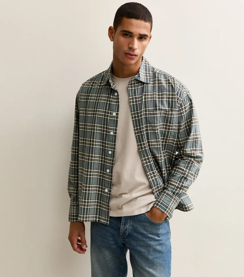 Men's Blue Relaxed Long Sleeve Checked Shirt