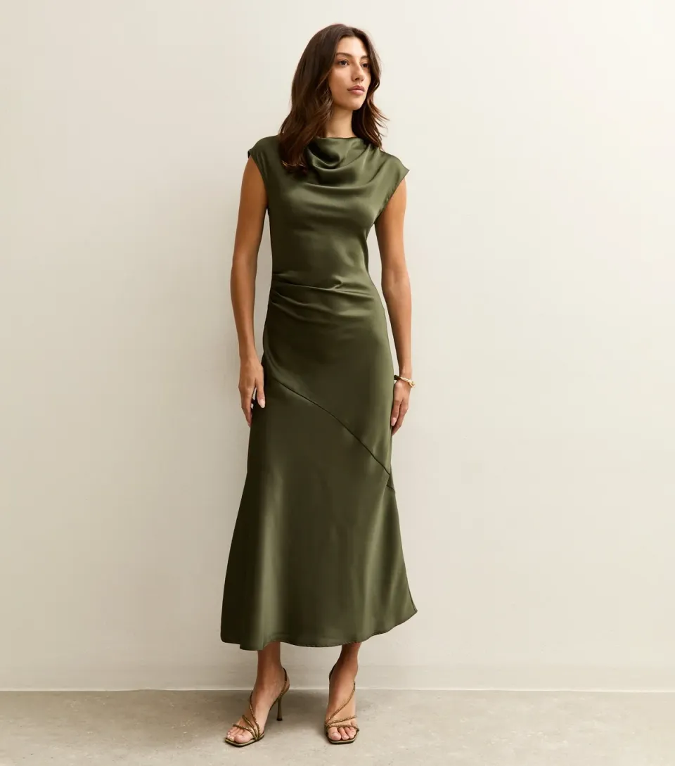 Women's Tall Black Satin Cowl Neck Midi Dress