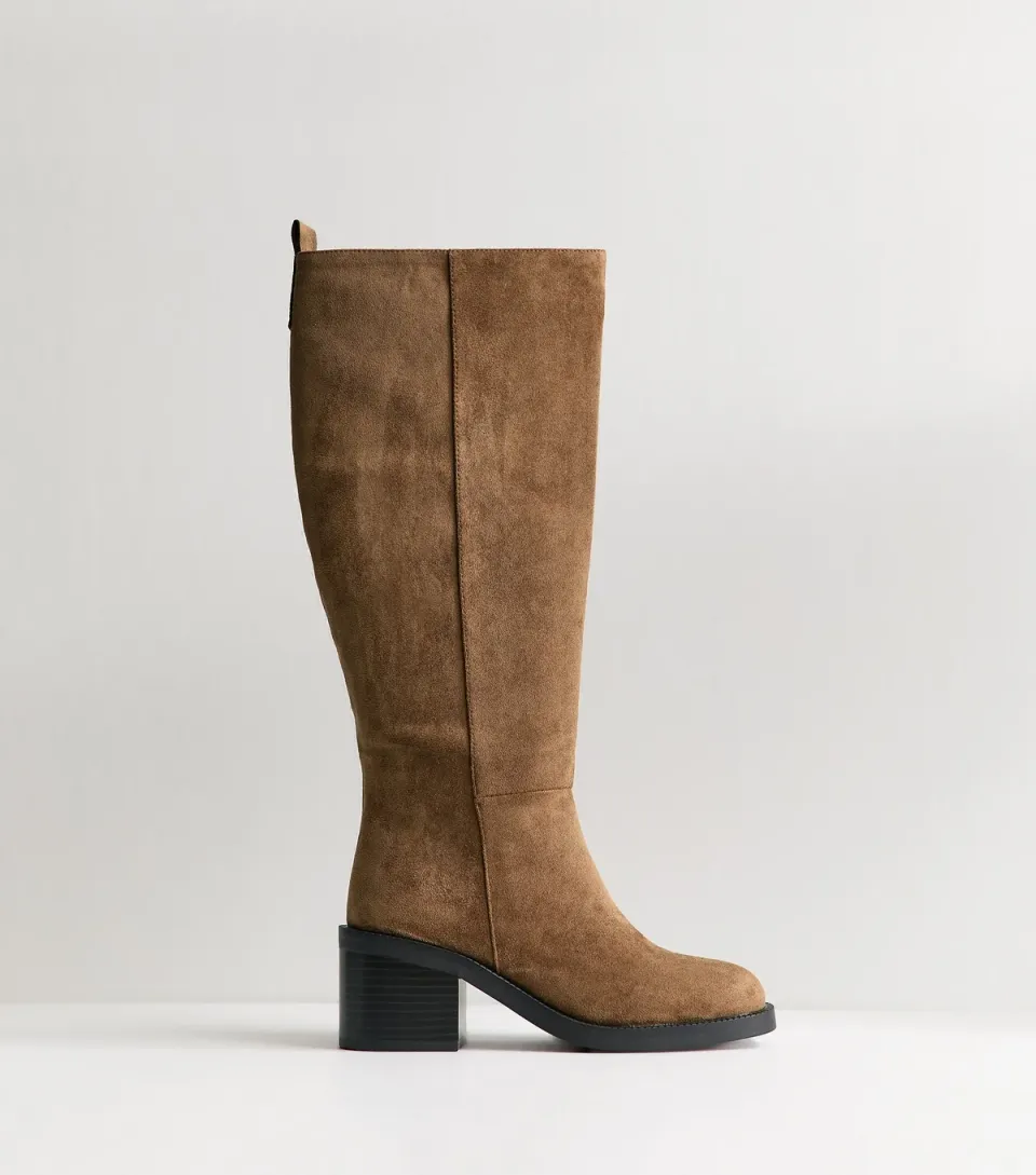 Women's Light Brown Faux Suede Heeled Knee High Boots Vegan