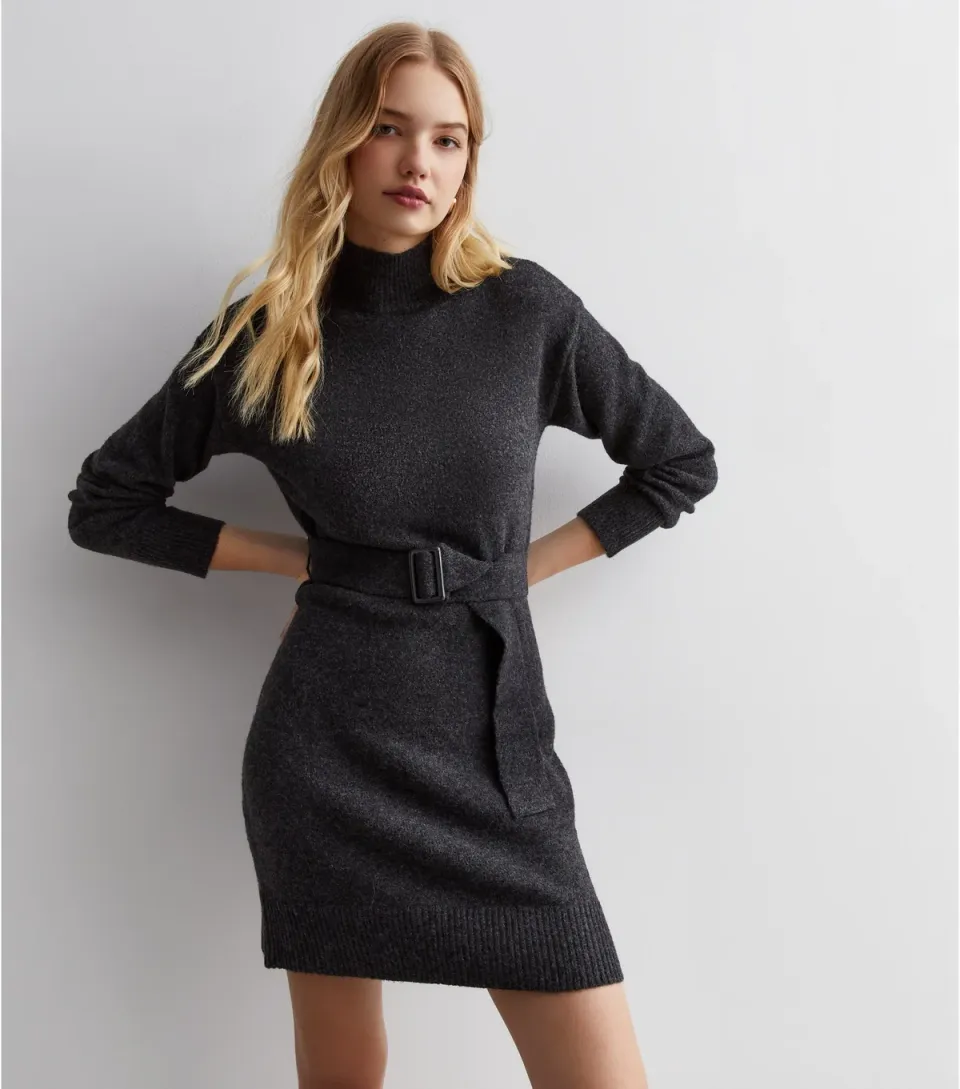 Women's Dark Grey High Neck Belted Mini Dress