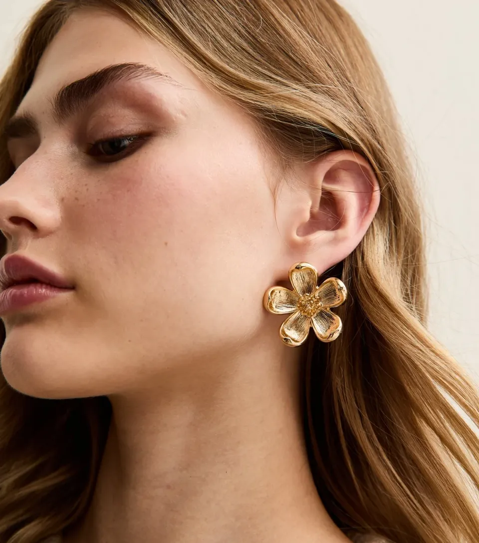 Gold Tone Large Flower Stud Earrings