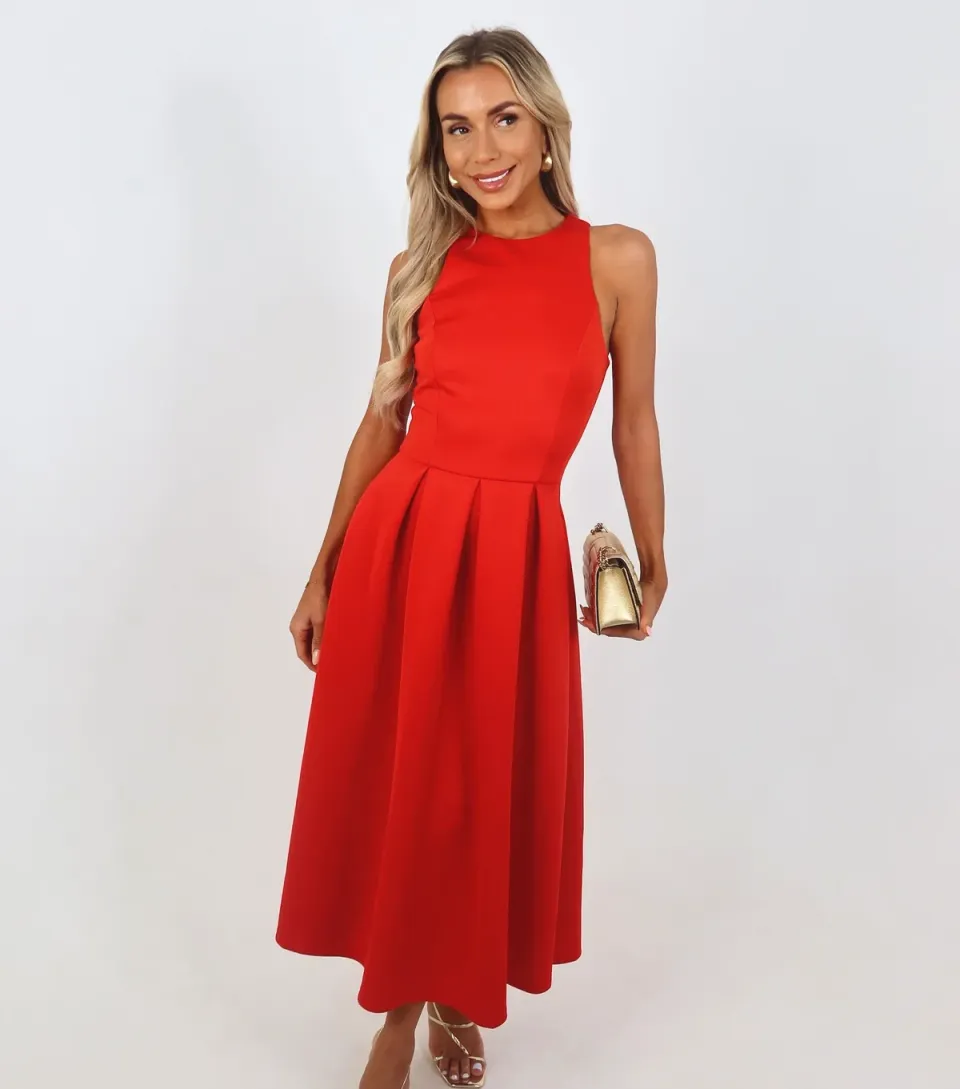 Women's Bright Orange Pleated Skirt Midi Dress