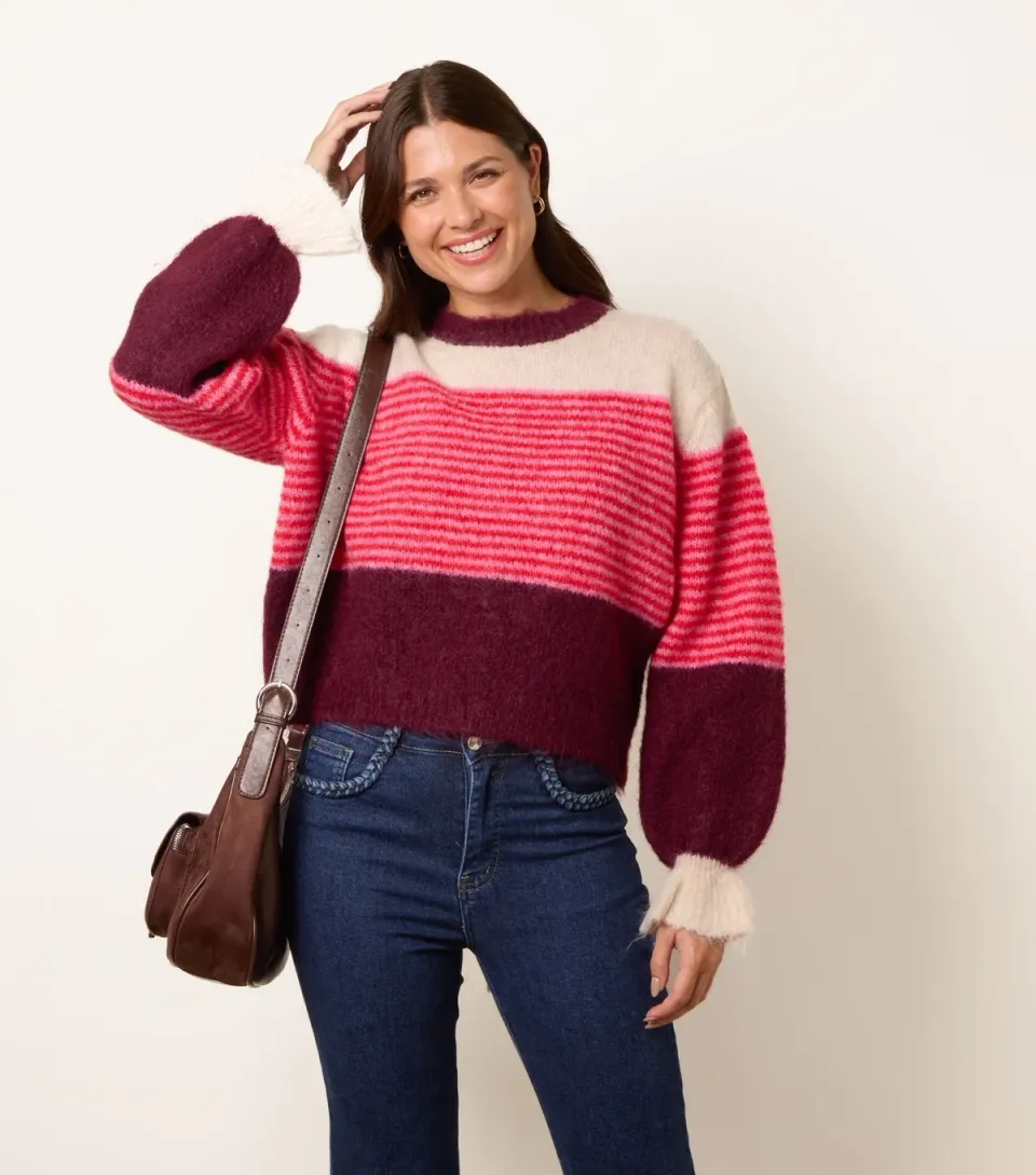 Women's Dark Burgundy Striped Round Neck Knit Jumper