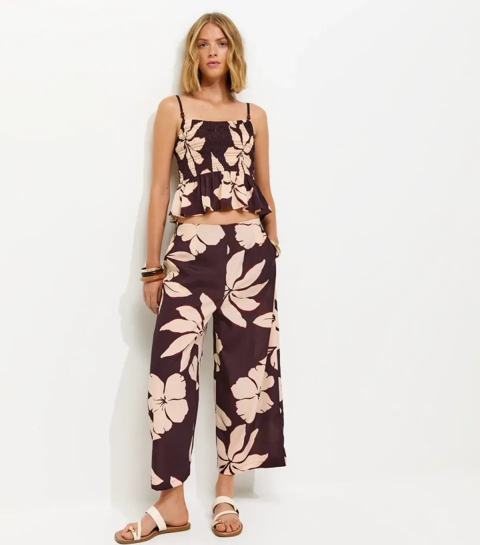 Women's Brown Floral Cropped Wide Leg Trousers