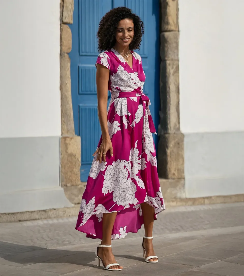 Women's Pink Blossom Print Wrap Dress