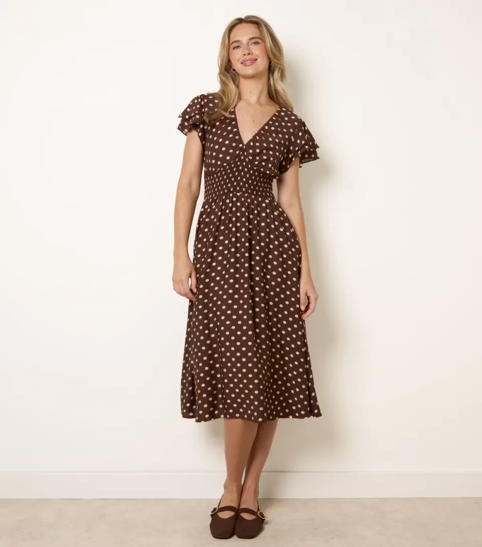 Women's Navy Polka Dot Elasticated Waist Midi Dress