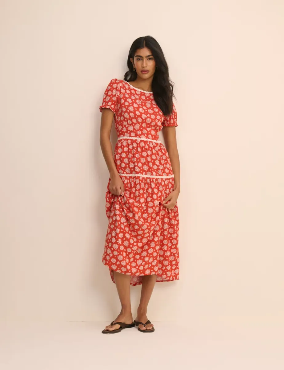Floral Crew Neck Midi Tea Dress Red