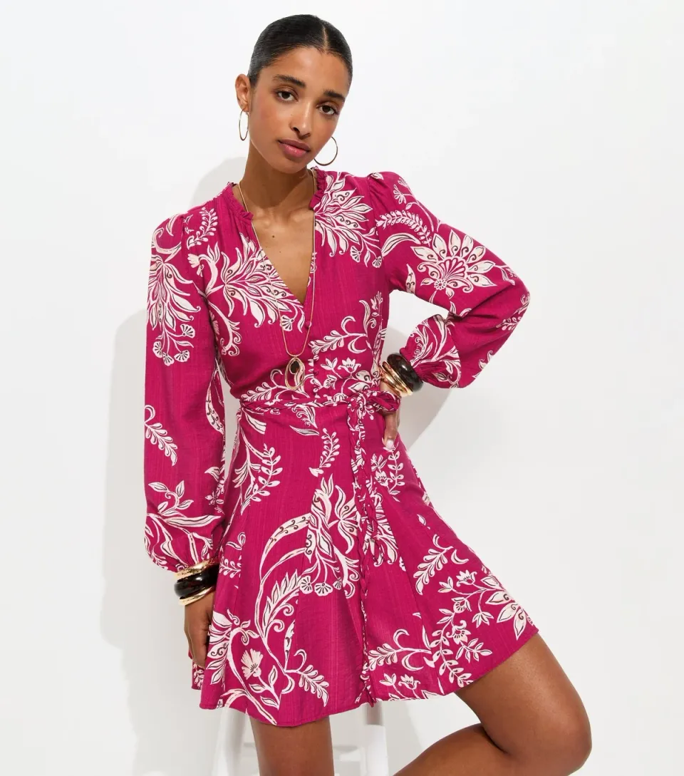 Women's Red Floral Print Godet Skirt Flippy Mini Dress