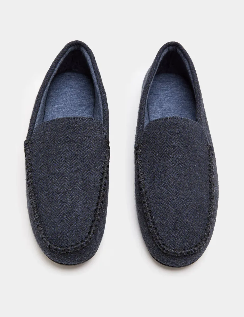 Herringbone Moccasin Slippers with Freshfeet Navy