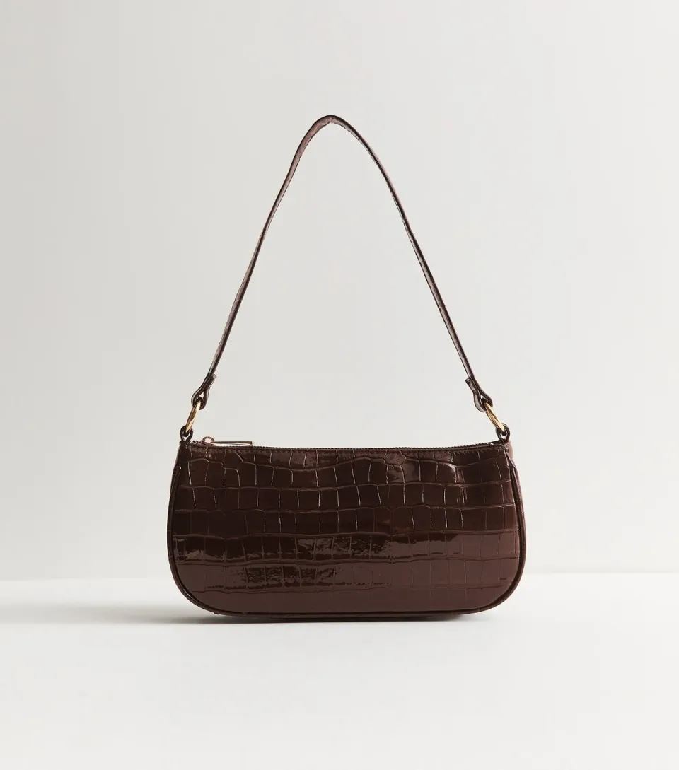Dark Brown Patent Faux Leather Crocodile Embossed Shoulder Bag