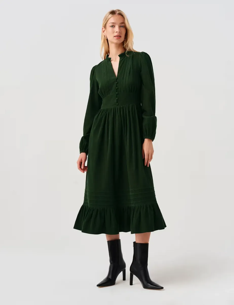 Cotton Corduroy Frilled Collar Midi Dress Dark Green