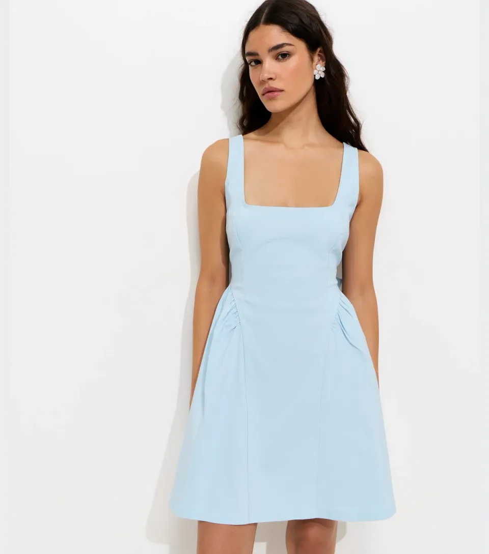 Women's Light Blue Panelled Square Neck Mini Dress