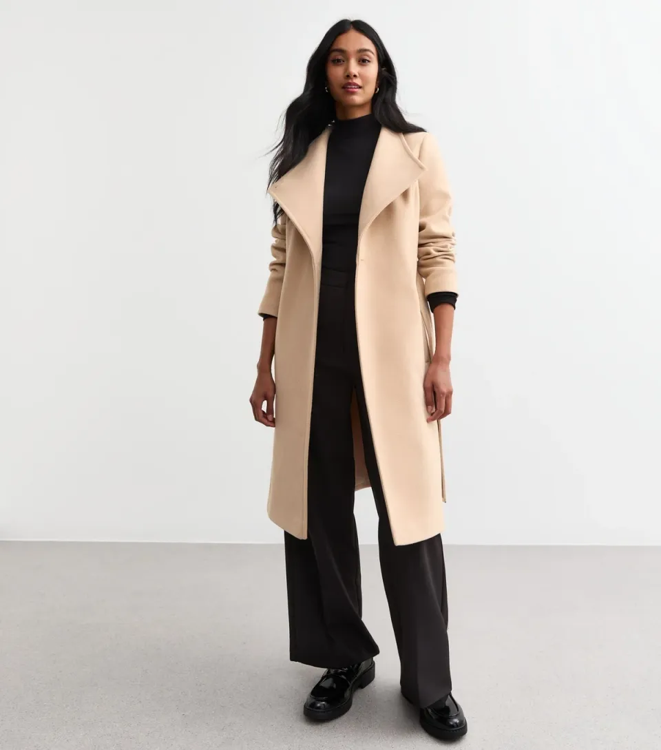 Women's Cream Funnel Neck Belted Coat
