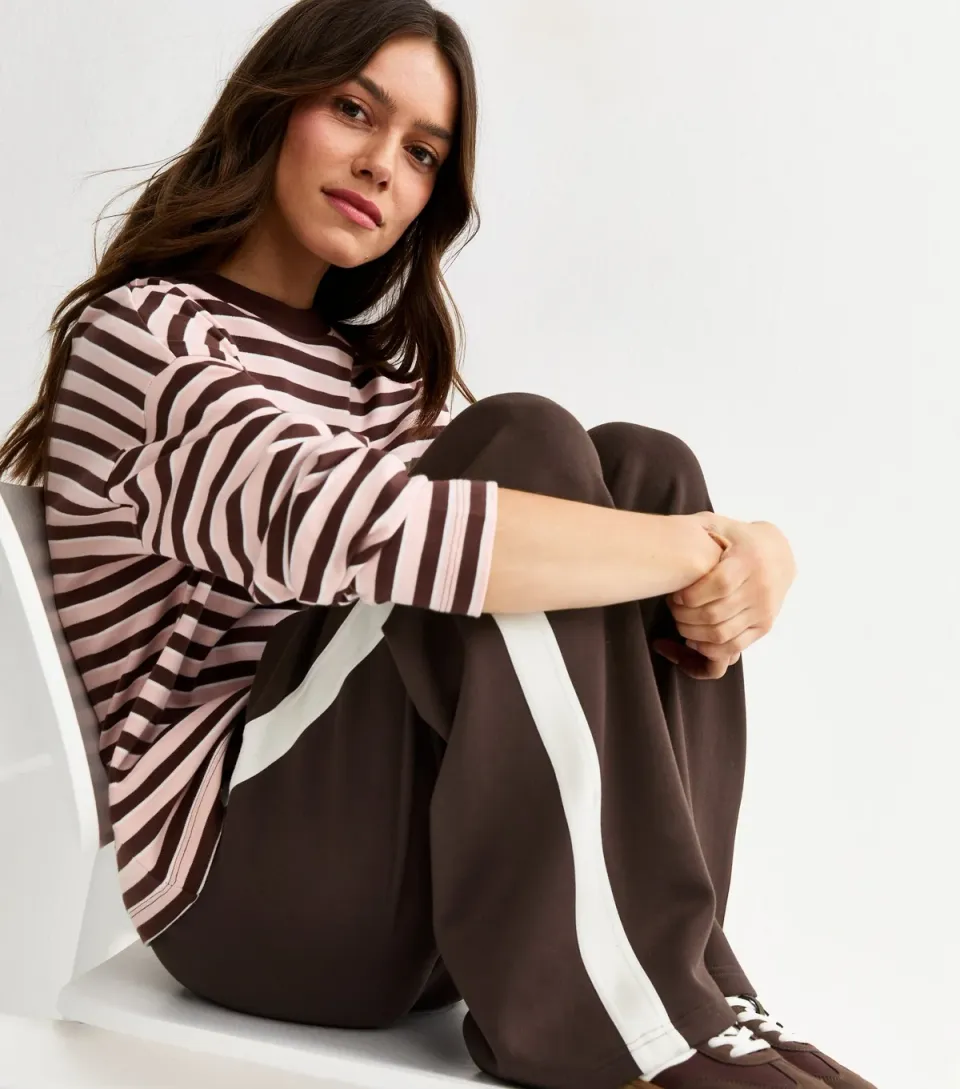 Women's Petite Premium Dark Brown Jersey Side Stripe Wide Leg Trousers