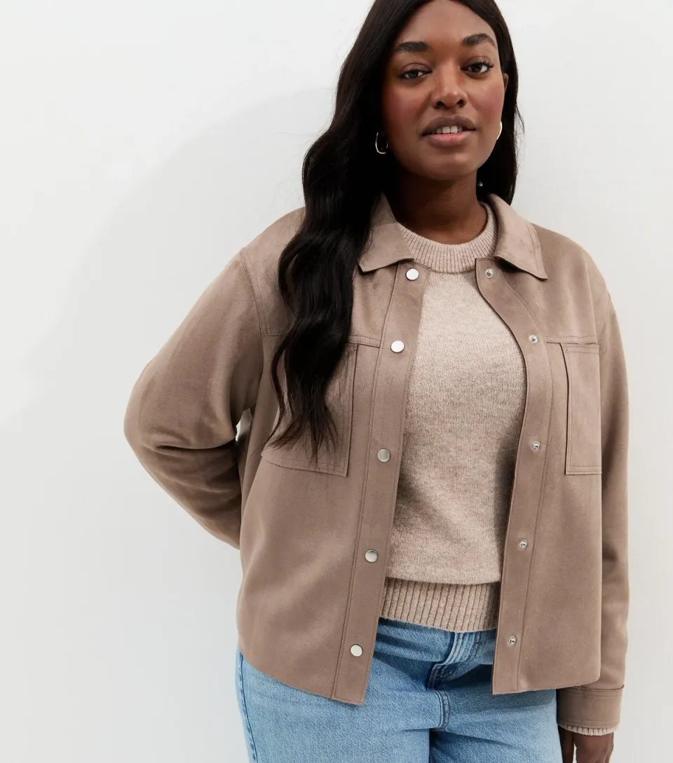 Women's Plus Size Tan Faux Suede Shacket Curves