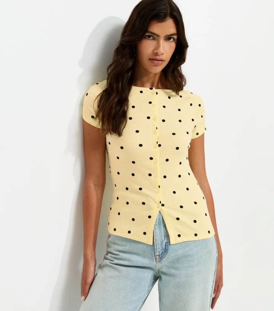 Women's Yellow Cotton Rich Spot Print Button Through Baby Tee T-Shirt