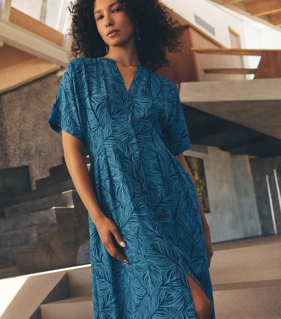 Women's Blue Leaf Print Midi Shirt Dress