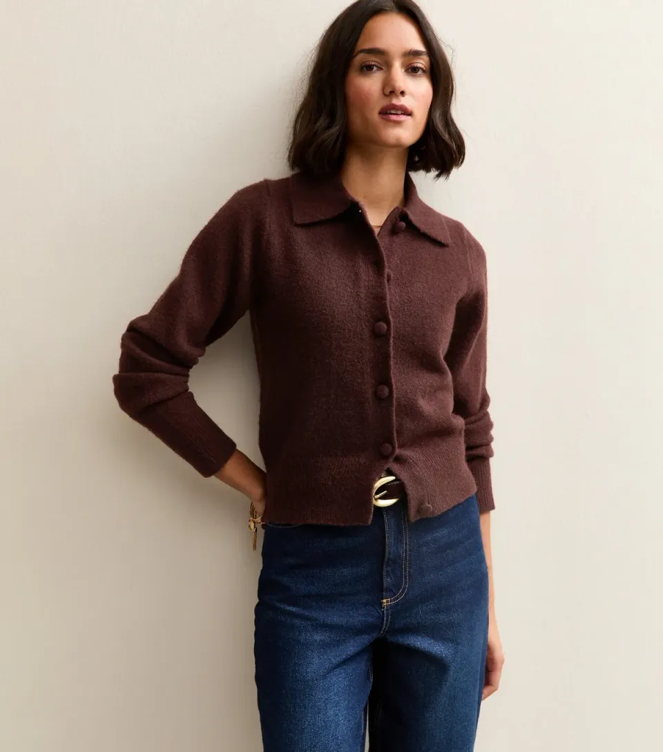 Women's Dark Brown Midweight Knit Collared Cardigan