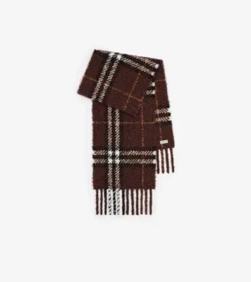 Check Alpaca Wool Blend Bouclé Scarf in Treacle brown