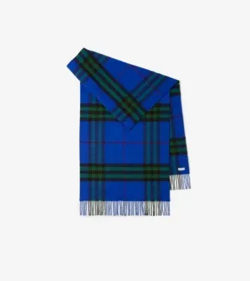 Wide Check Cashmere Scarf in Knight blue/ivy green