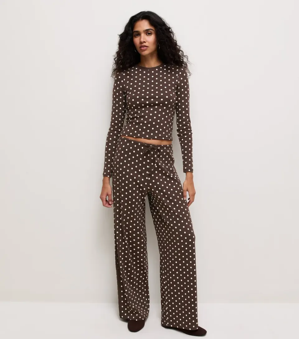 Women's Brown Cotton Rich Polka Dot Wide Leg Trousers