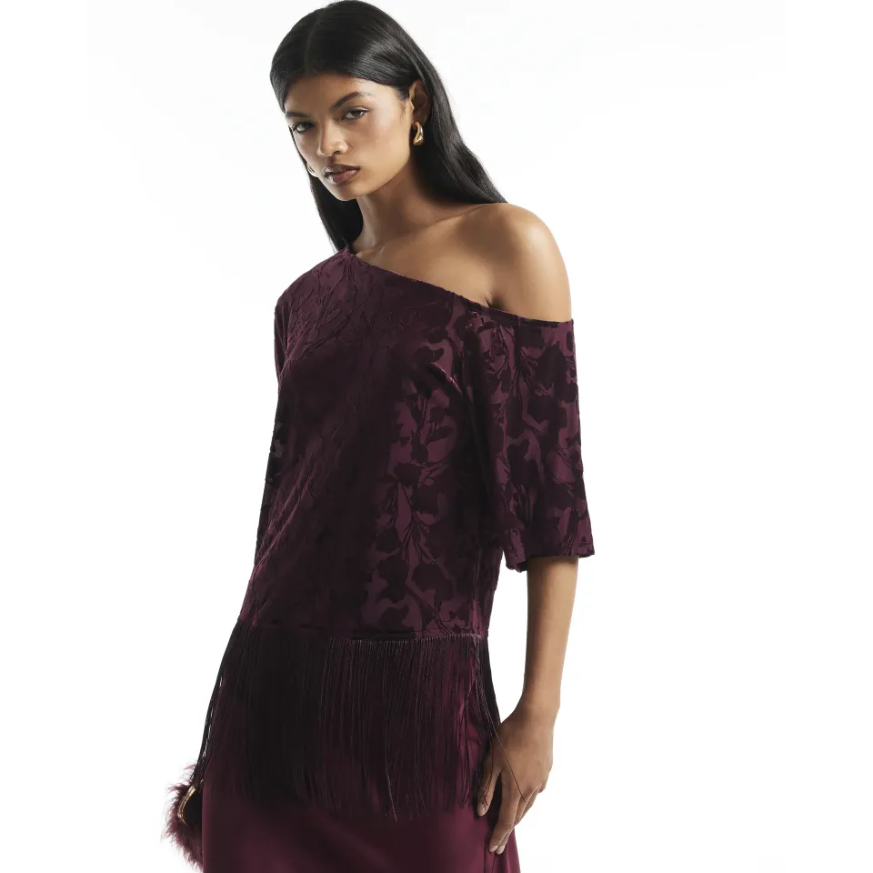 Burgundy One Shoulder Devore Fringe Top