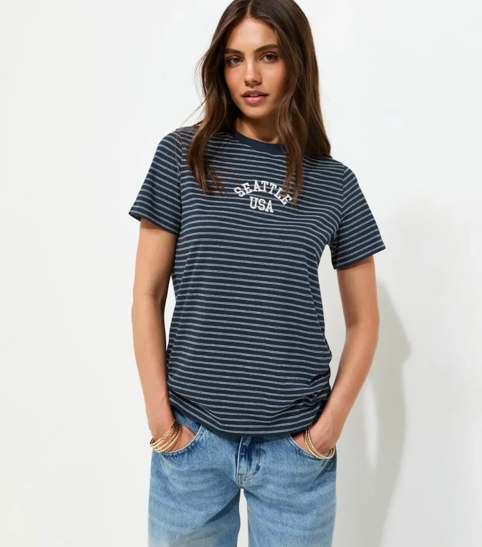 Women's Blue Cotton Rich Striped Seattle USA Embroidered T-Shirt